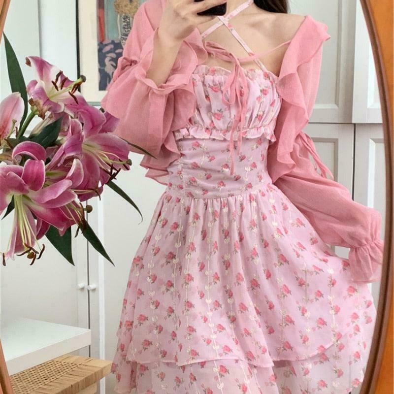 Perfumed Roses Fairycore Dress & Cardigan Set for Gen Z Fashion