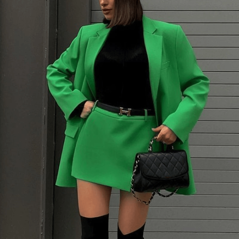 Pine Green Blazer and Skirt Set for Gen Z Fashionistas - Y2K Streetwear Inspired