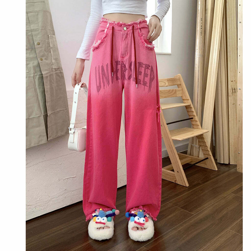 Pink Gradient Destroyed Drawstring Jeans for Gen Z Streetwear Fashion