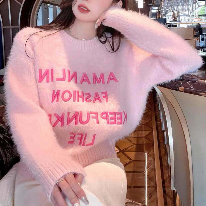 Pink Mink Crew Neck Sweater: Gen Z K-POP Streetwear Y2K Style