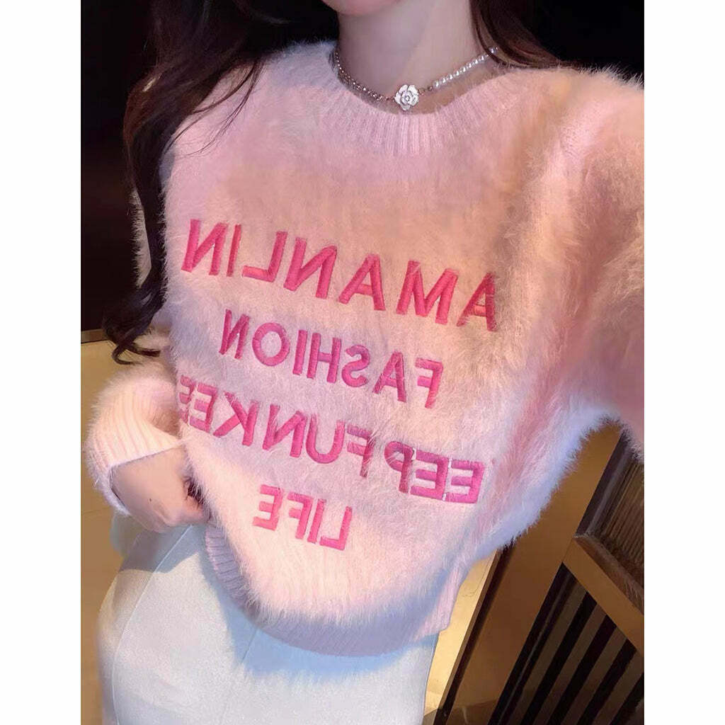 Pink Mink Crew Neck Sweater: Gen Z K-POP Streetwear Y2K Style