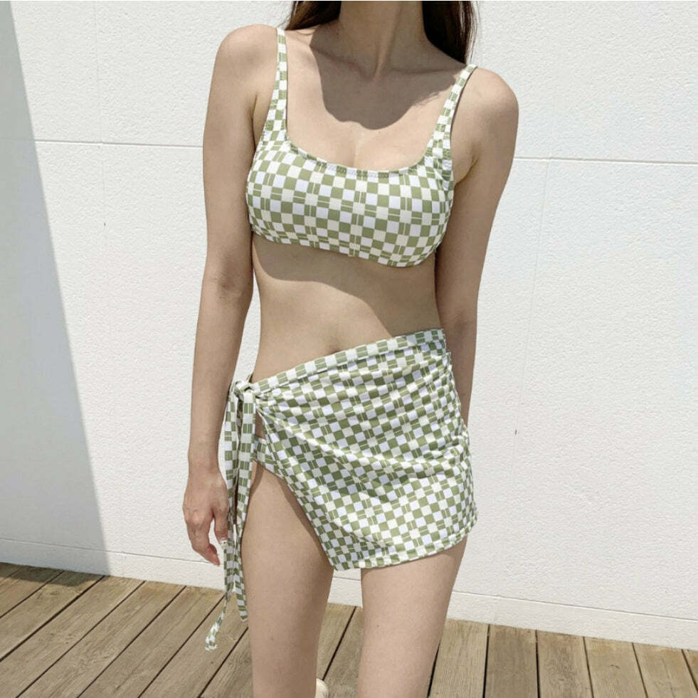 Plaid Diamond High Waist Bikini Set for Gen Z Streetwear