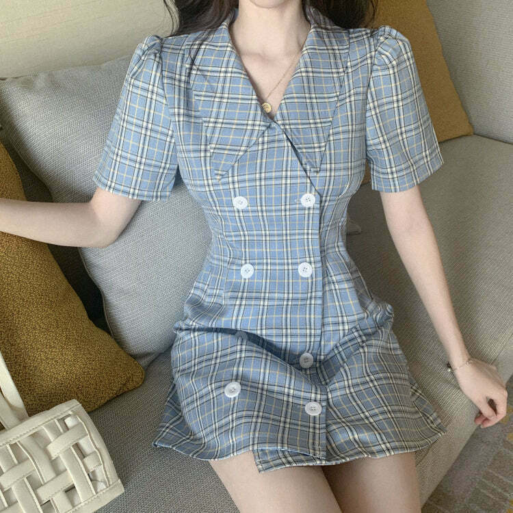 Plaid Doll Collar Double Breasted Dress for Gen Z Fashionistas