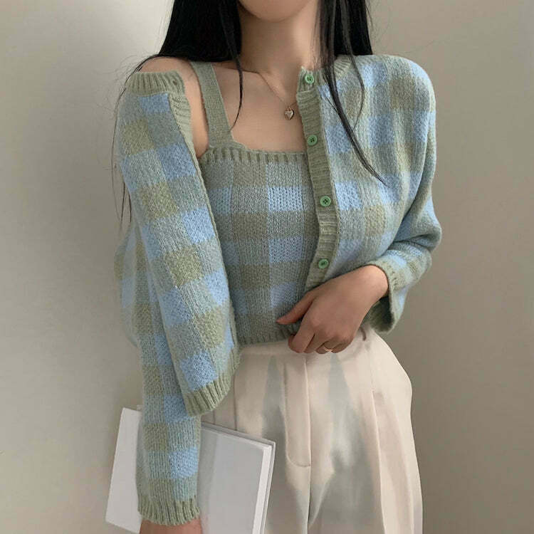 Plaid Knit Cardigan Set with Cropped Cami Coat - Gen Z Streetwear Fashion