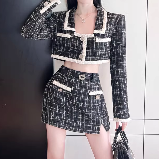 Plaid Long Sleeve Jacket with Belted Skirt Set for Gen Z Streetwear