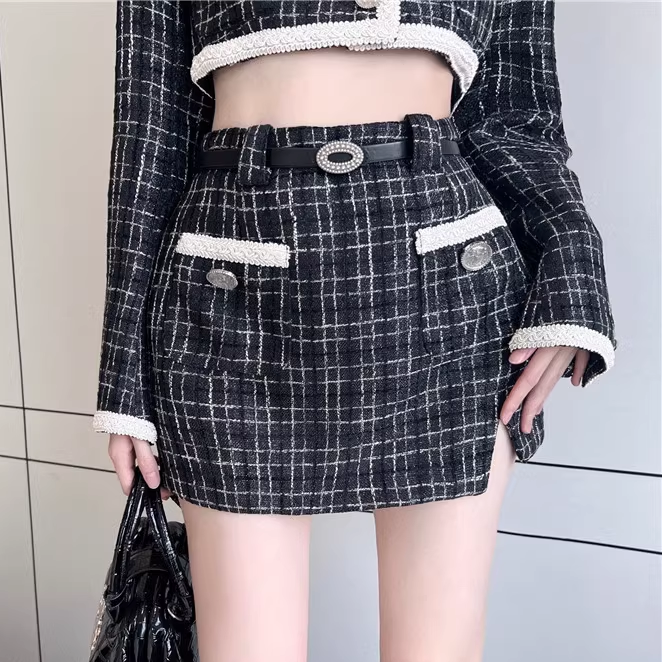 Plaid Long Sleeve Jacket with Belted Skirt Set for Gen Z Streetwear