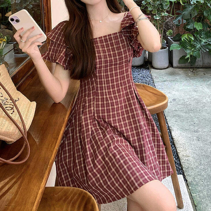 Plaid Off Shoulder Dress: Gen Z K-POP Streetwear for Y2K Style