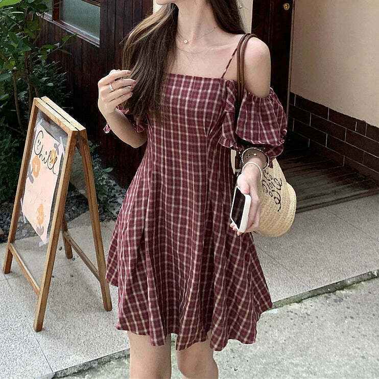 Plaid Off Shoulder Dress: Gen Z K-POP Streetwear for Y2K Style