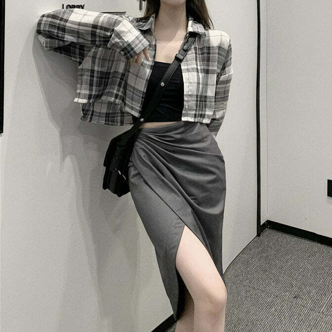 Plaid Shirt with Irregular Skirt Set for Gen Z Fashionistas