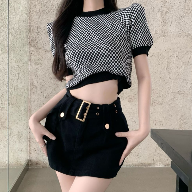 Plaid Short Sleeve T-Shirt with Black Belt Skirt Set