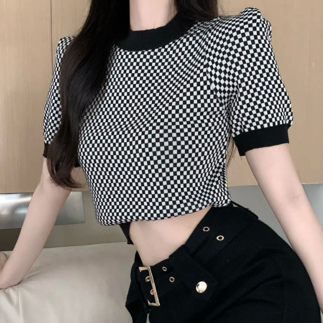 Plaid Short Sleeve T-Shirt with Black Belt Skirt Set