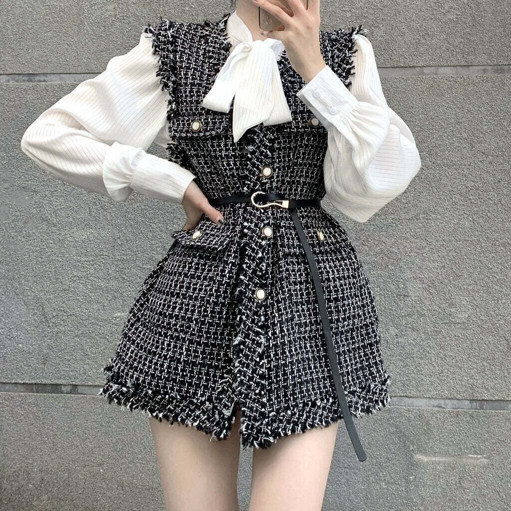 Plaid Tweed Waistcoat Top: Gen Z K-POP Streetwear Y2K Style