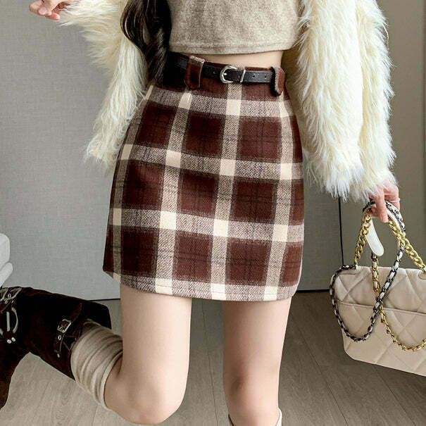 Plaid Wool High-Waist A-Line Skirt for Gen Z Fashion: Y2K Streetwear Style