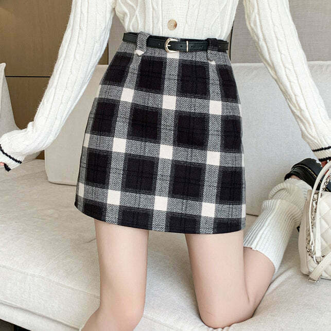 Plaid Wool High-Waist A-Line Skirt for Gen Z Fashion: Y2K Streetwear Style