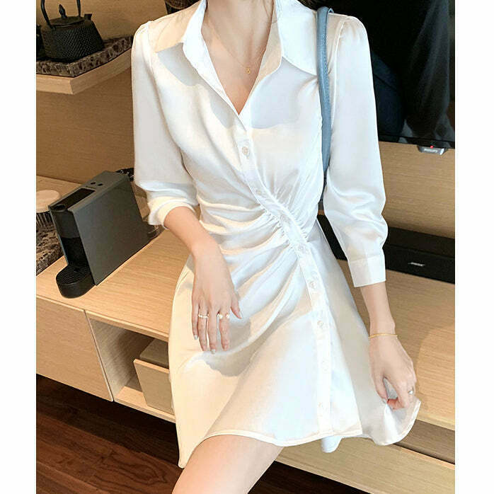 Pleated Button-Up Shirt Dress with Slim Waist - Gen Z K-POP Streetwear