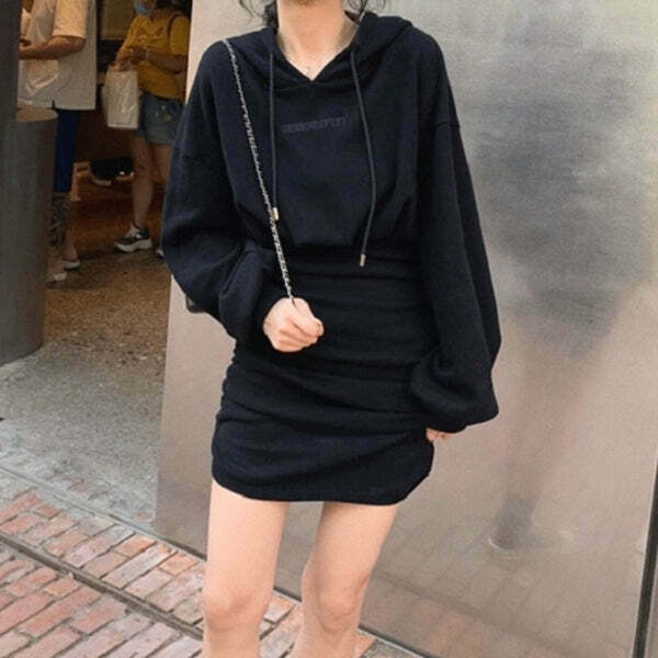 Pleated Hooded Sweatshirt Dress: Gen Z K-POP Streetwear Y2K Style