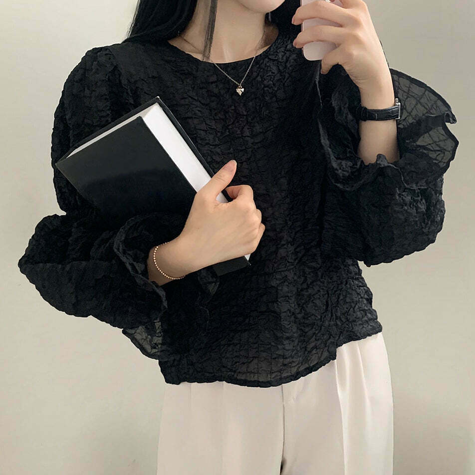 Pleated Lantern Sleeve Crew Neck Shirt for Gen Z Streetwear