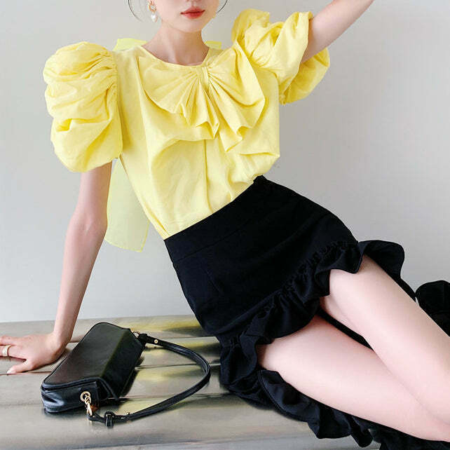 Pleated Shirt with Puff Sleeves and Bow Detail - Trendy Gen Z Fashion