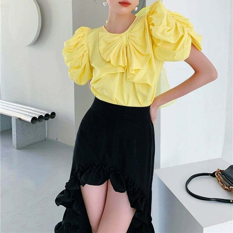 Pleated Shirt with Puff Sleeves and Bow Detail - Trendy Gen Z Fashion