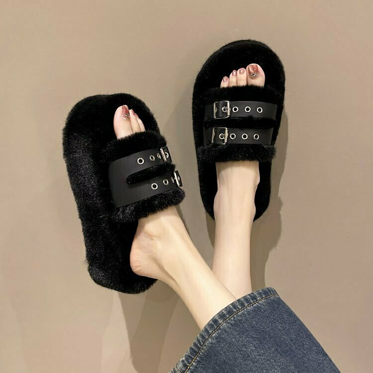 Plush Buckle Streetwear Slippers with Thick Soles for Gen Z and K-POP Fashion