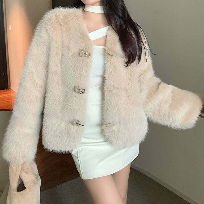 Plush Fleece Long Sleeve Top with Faux Fox Fur Trim - Trendy Gen Z Streetwear