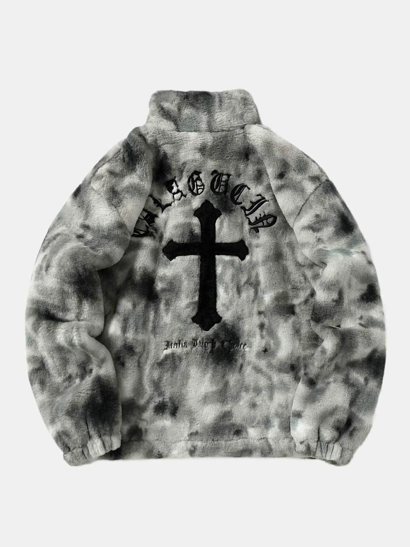 Plush Gradient Cross Embroidered Lambswool Jacket for Gen Z Fashion - Y2K Streetwear