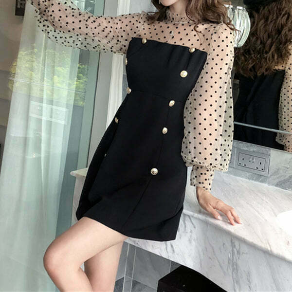 Polka Dot Mesh Puff Sleeve Dress for Gen Z Streetwear Fashion