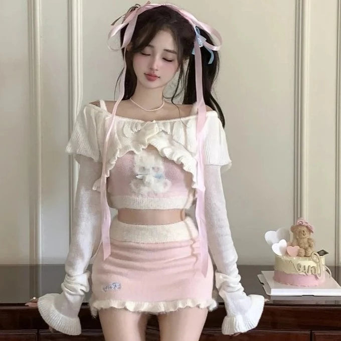 Powdery Snowball Vanilla Bunny Cookies Kawaii Cardigan Set