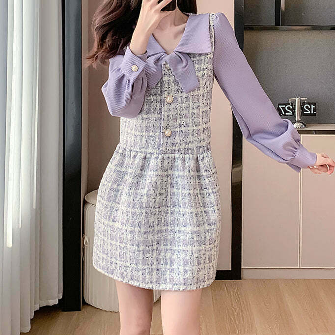 Purple Tweed Colorblock Dress: Chic Gen Z K-POP Streetwear