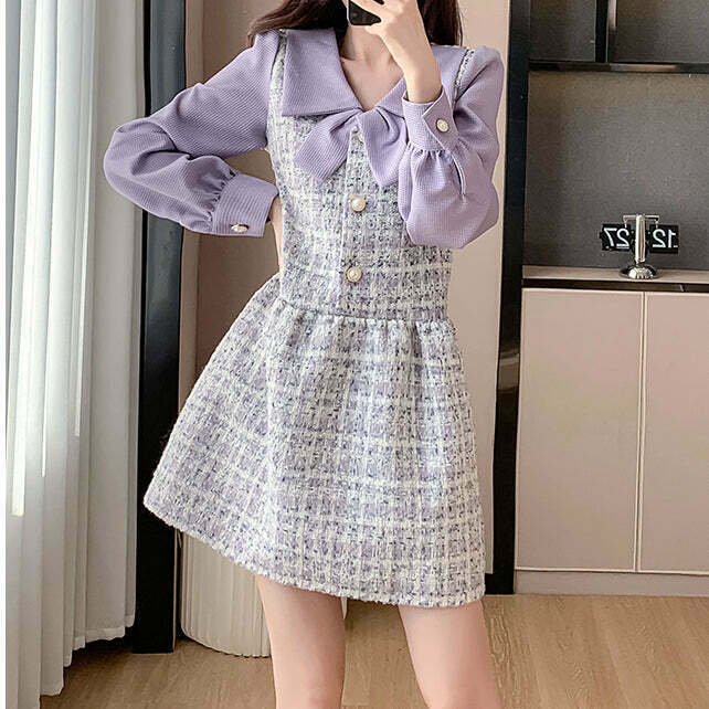 Purple Tweed Colorblock Dress: Chic Gen Z K-POP Streetwear