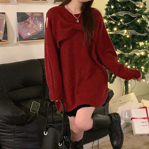 Red Bow Off-Shoulder Sweater Dress for Gen Z K-POP Streetwear