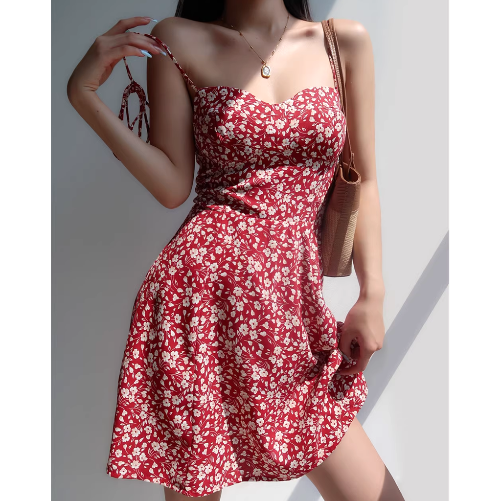 Red Floral Suspender Dress with Backless Waist and V-Neck - Gen Z K-POP Streetwear Y2K Fashion