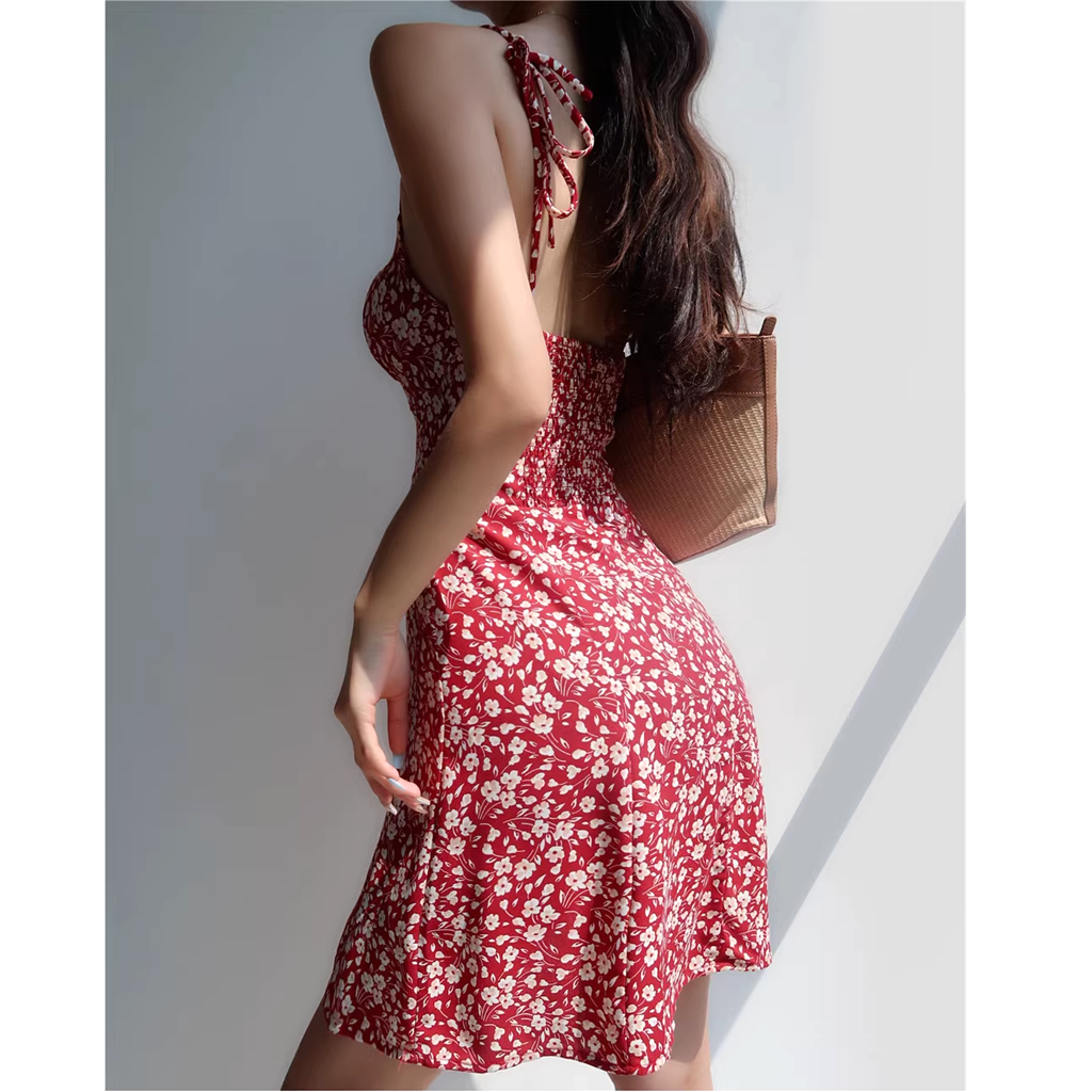 Red Floral Suspender Dress with Backless Waist and V-Neck - Gen Z K-POP Streetwear Y2K Fashion