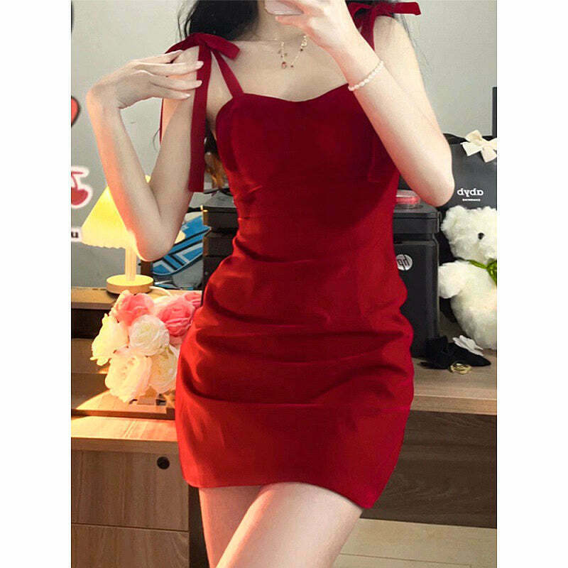 Red Lace-Up Backless Hip Suspender Dress for Gen Z K-POP Streetwear