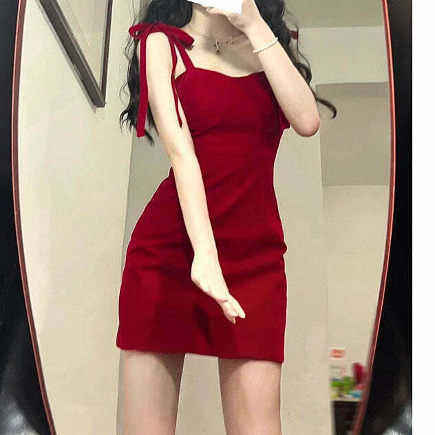 Red Lace-Up Backless Hip Suspender Dress for Gen Z K-POP Streetwear