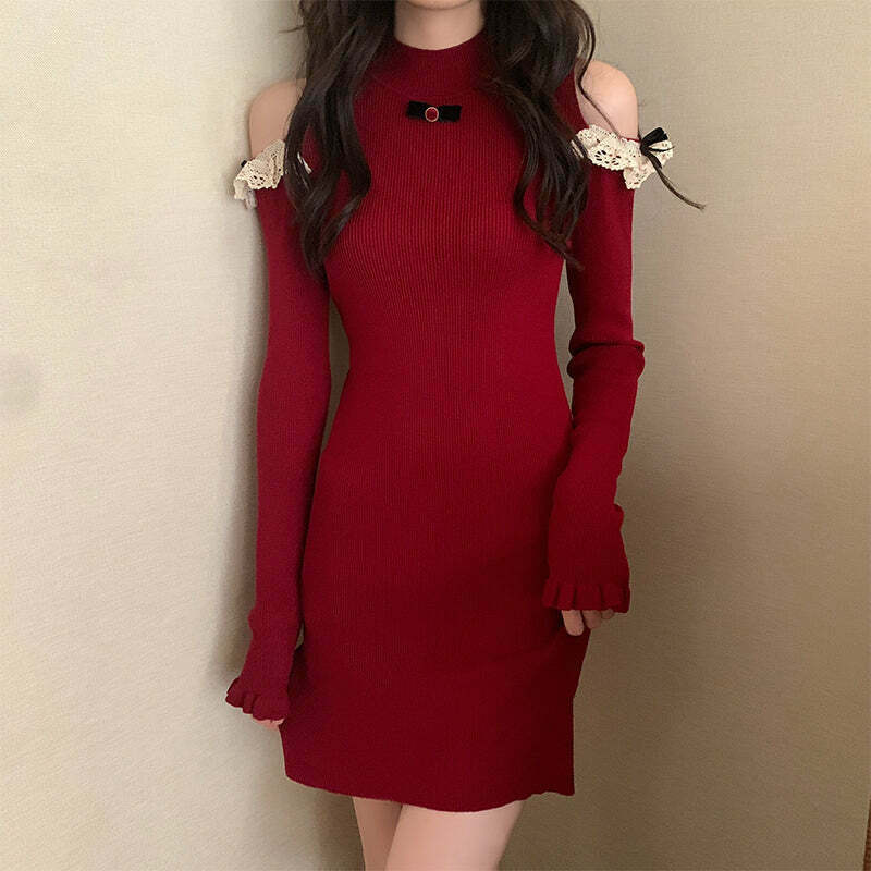 Red Off-Shoulder Knit Dress: Trendy Gen Z K-POP Streetwear