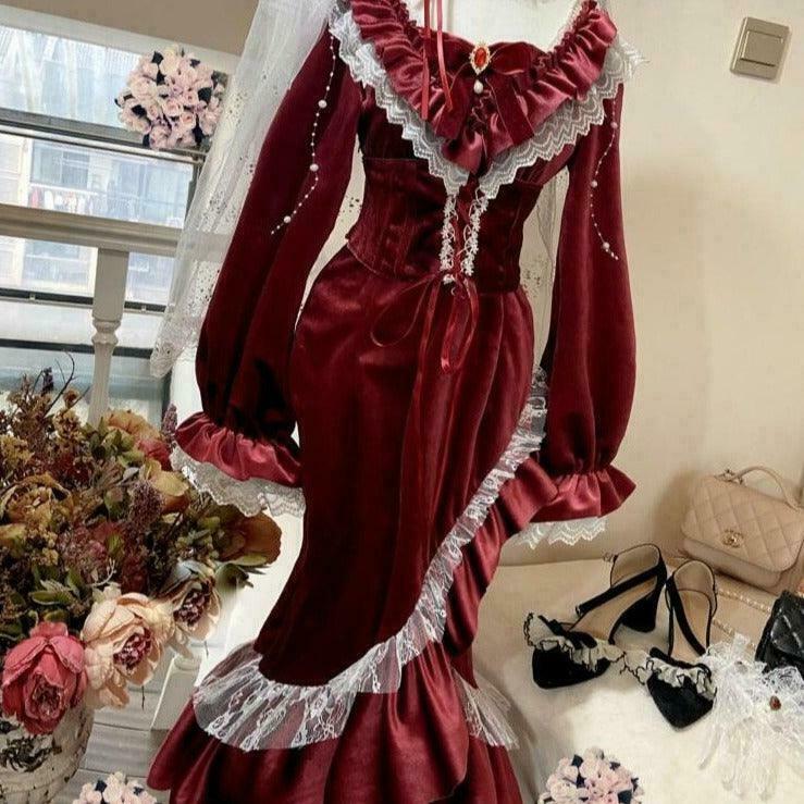 Red Roses & Lace Fairycore Princess Dress with Necklace