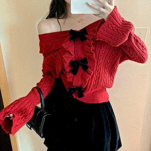 Red V-Neck Twist Sweater with Bow Detail and Ruffle Collar - Gen Z K-POP Streetwear