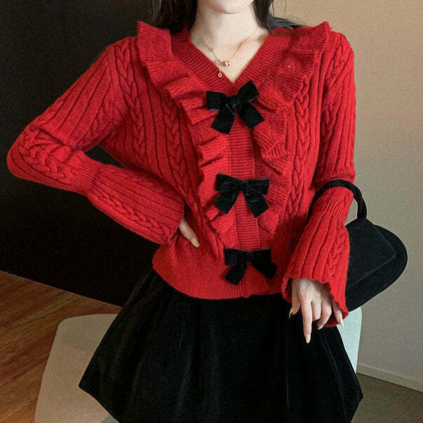 Red V-Neck Twist Sweater with Bow Detail and Ruffle Collar - Gen Z K-POP Streetwear