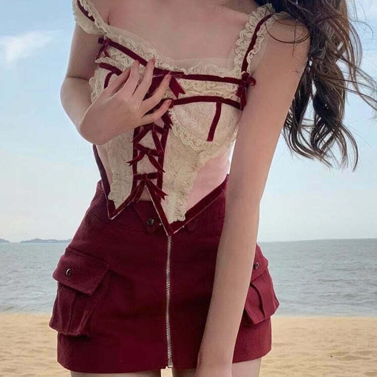 Red Velvet Cake Kawaii Top & Skirt Set for Gen Z Streetwear Fashion