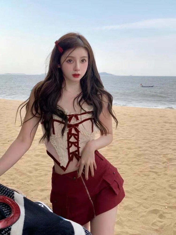 Red Velvet Cake Kawaii Top & Skirt Set for Gen Z Streetwear Fashion