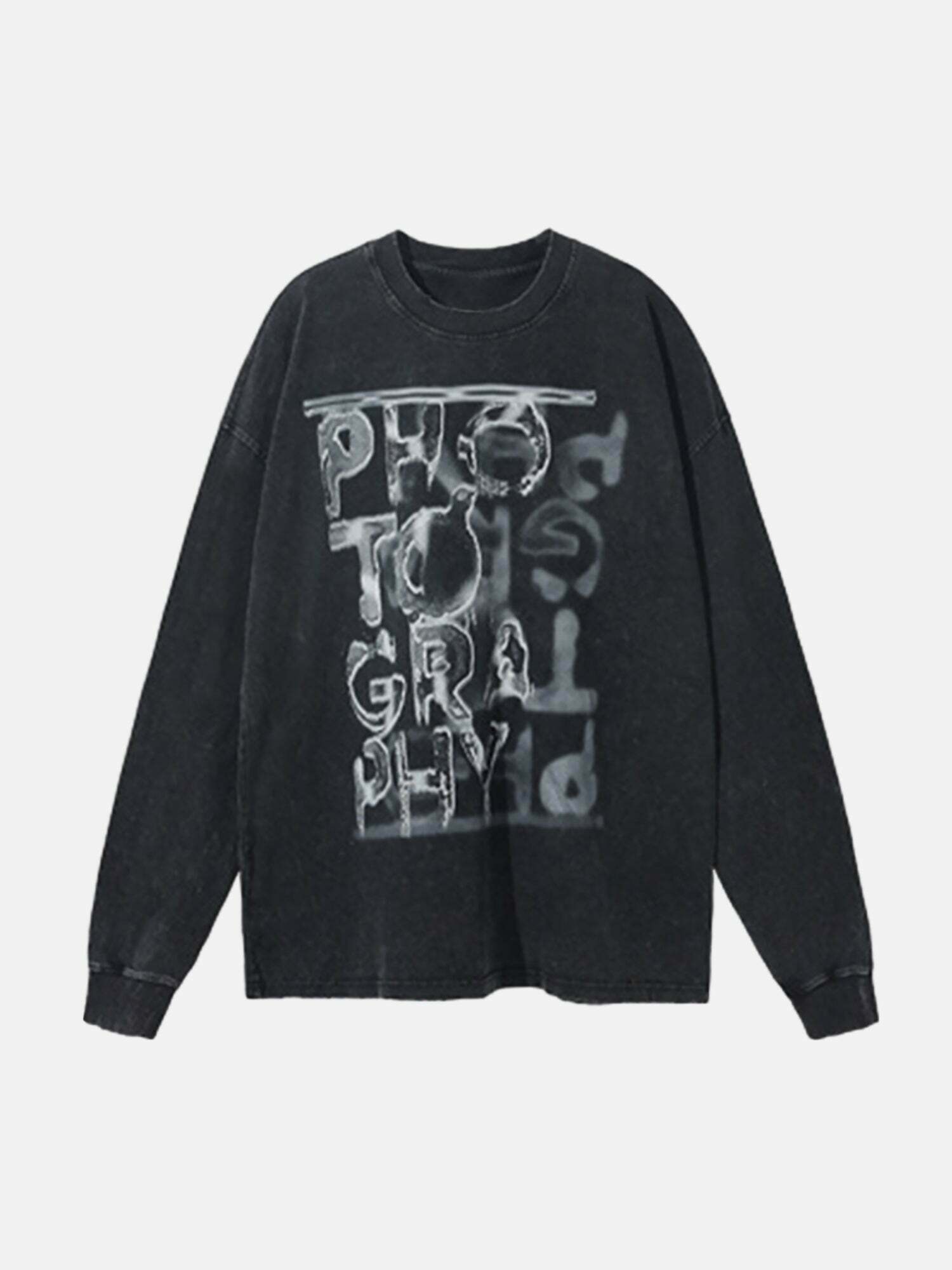 Retro Abstract Letters Distressed Long Sleeve Shirt