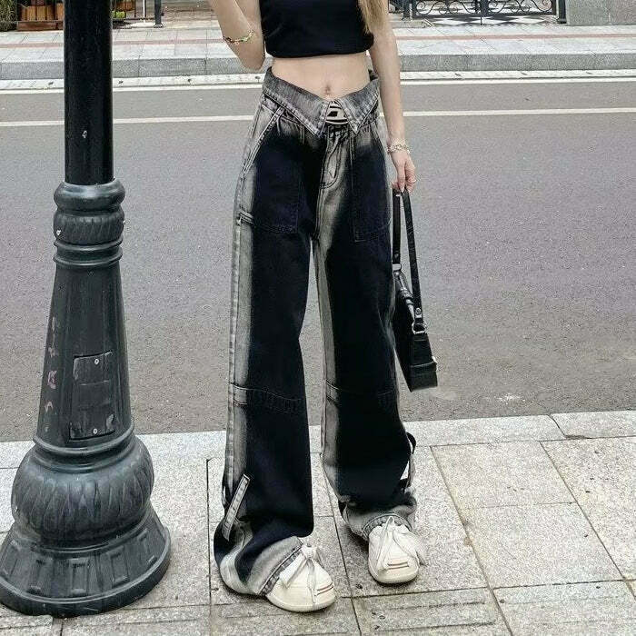 Retro Black Gradient Wide Leg Jeans for Gen Z Streetwear Style