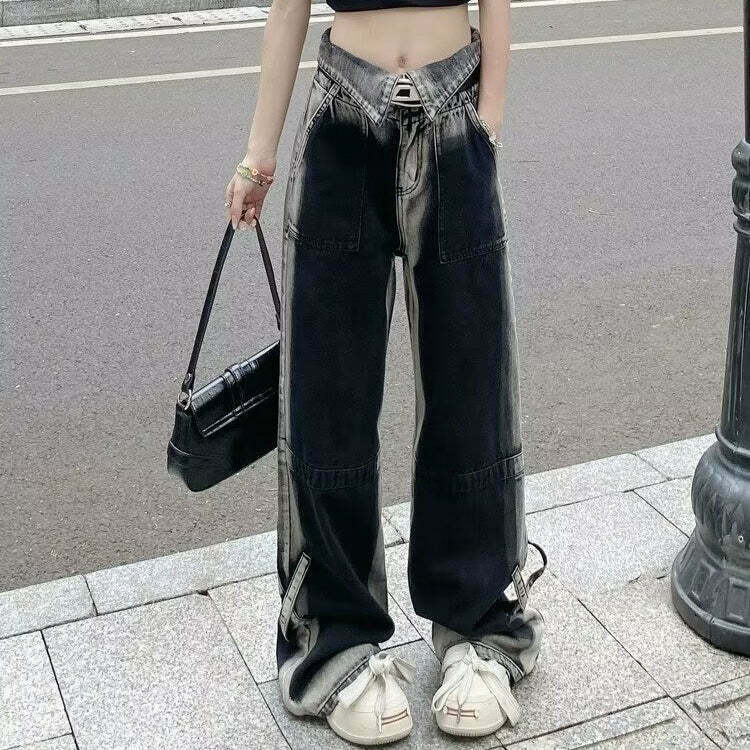 Retro Black Gradient Wide Leg Jeans for Gen Z Streetwear Style