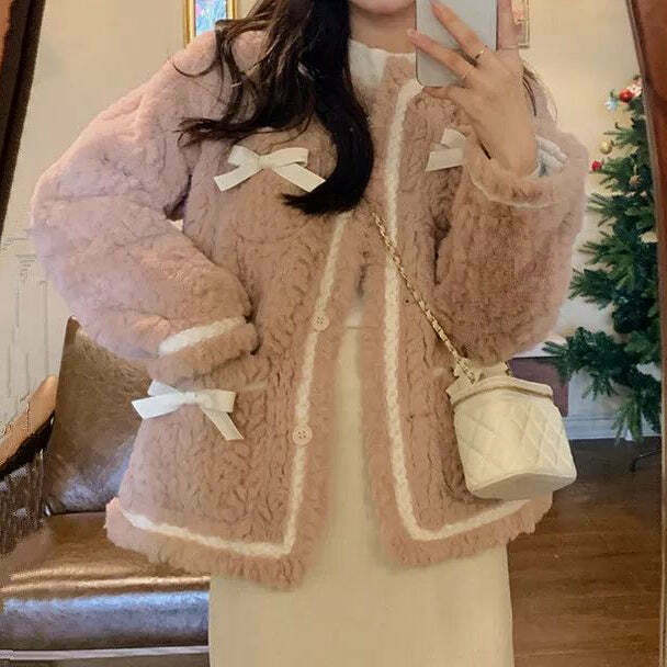 Retro Bow Plush Sherpa Coat for Gen Z K-POP Streetwear