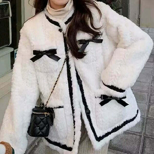 Retro Bow Plush Sherpa Coat for Gen Z K-POP Streetwear