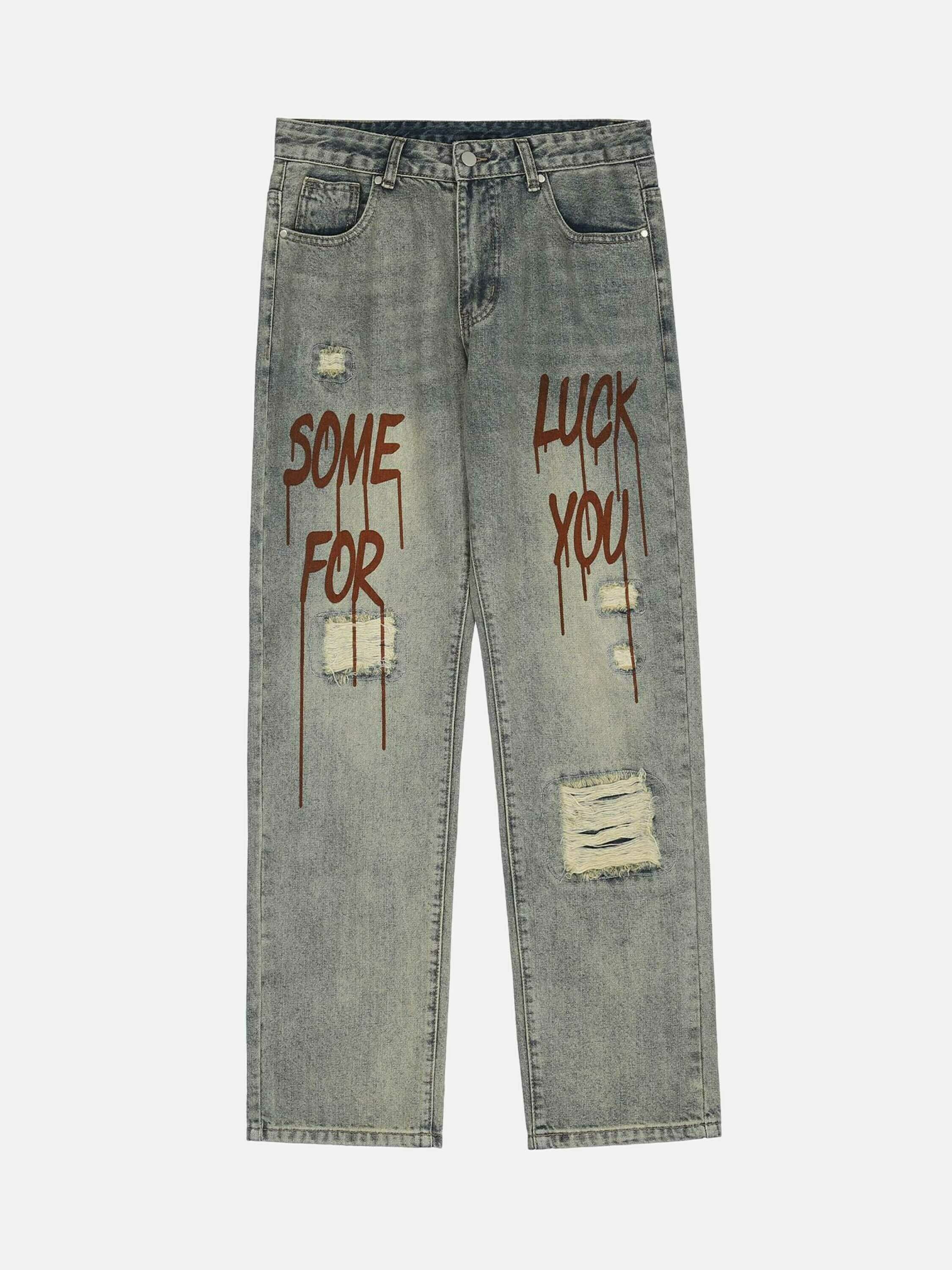 Retro Patch Print Denim Pants for Gen Z Streetwear Style