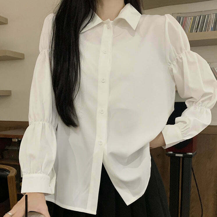 Retro Puff Sleeve Plus Size Shirt for Gen Z Streetwear Fashion