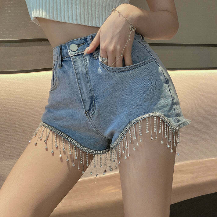 Rhinestone Fringe High Waist Denim Shorts for Gen Z Fashionistas