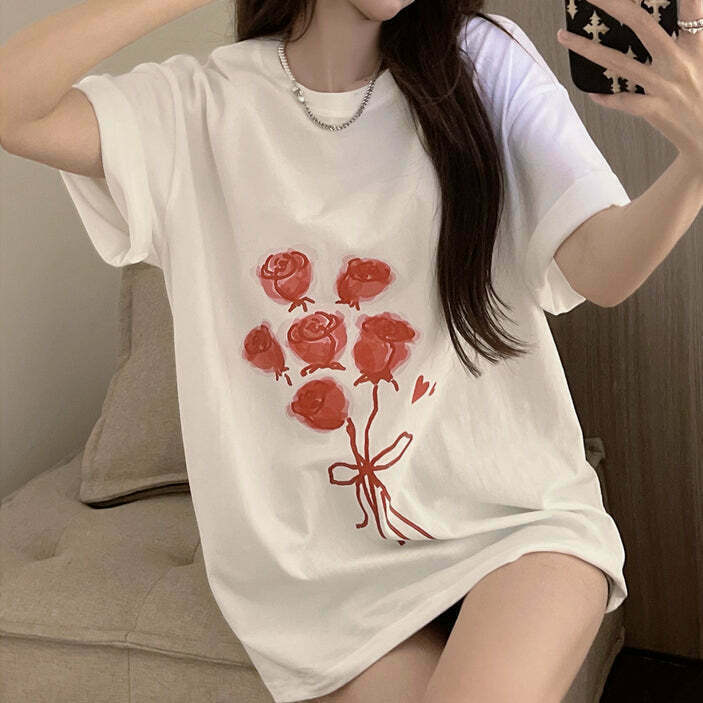 Rose Oversize Short Sleeve Tee - Gen Z K-POP Streetwear